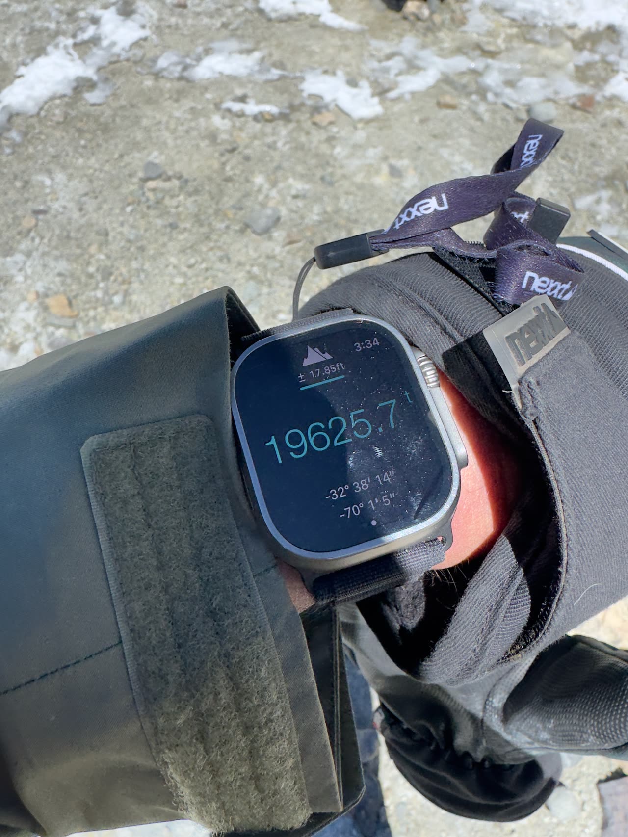 Garmin watch showing altitude of 19,625 feet