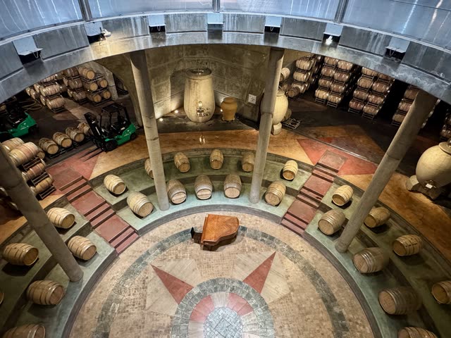 Large modern circular wine cellar from above