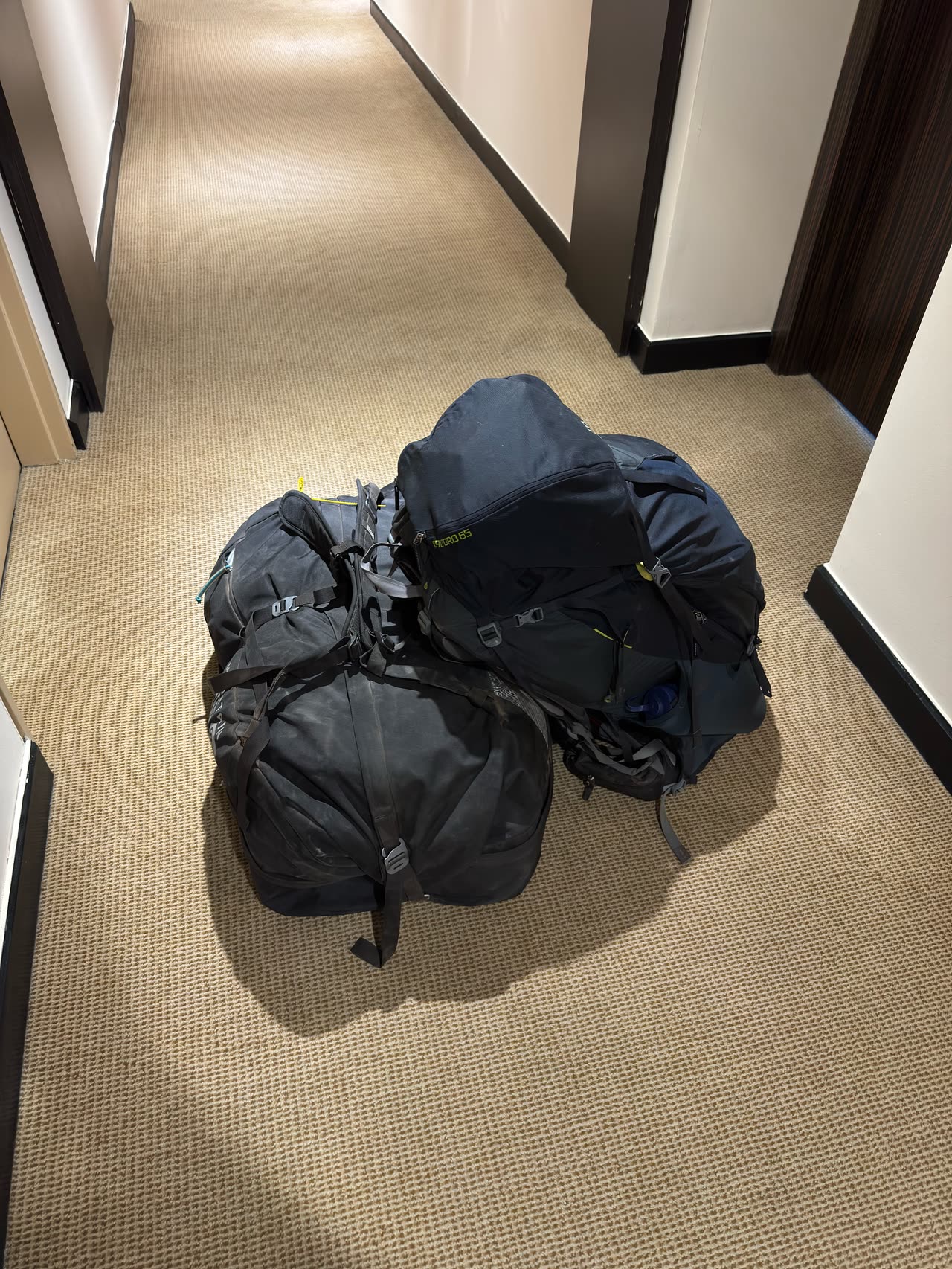 Two large expedition duffel bags on carpet